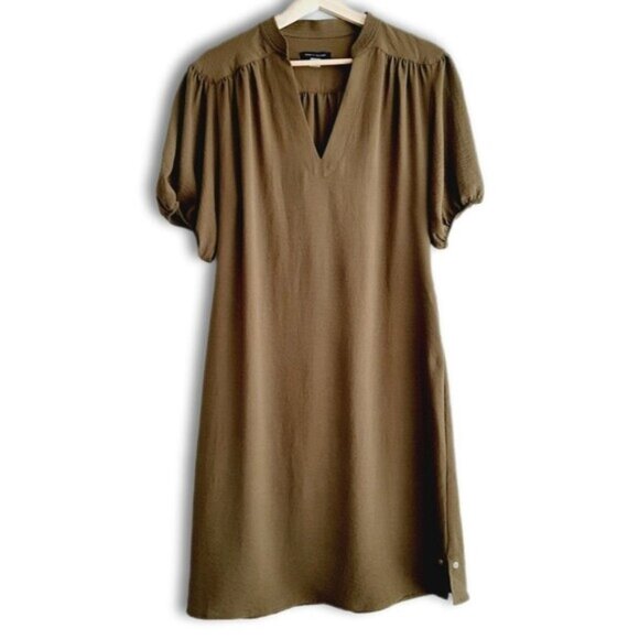 TOMMY HILFIGER | Puff Sleeve w/ Belt Flowy Light Knee Length Midi Dress Green 6 - Picture 1 of 14